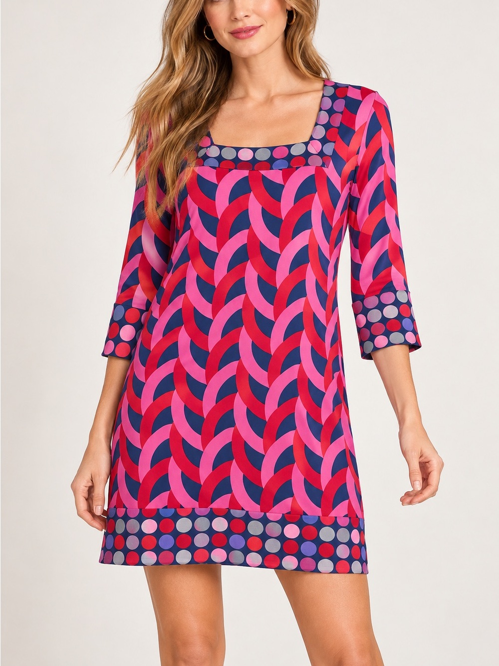Boden Pink & Navy Geometric Polka Dot Shift Dress Workwear Office Casual Size 8